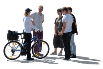 Group of young people with a bike standing in the street in backlight and talking, isolated on white and transparent background