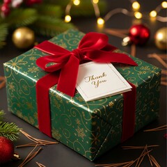 Elegant Christmas gift box with ribbon, thank you card, garland and winter decor in the background, perfect for advertising, branding and seasonal marketing projects.