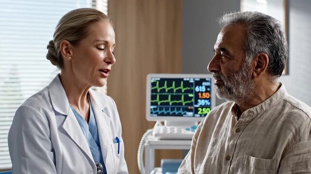 Concerned doctor attentively listens to an elderly patient experiencing chest pain during a medical consultation in a modern hospital setting conveying empathy and care