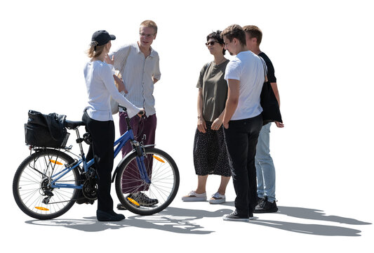 Group of young people with a bike standing in the street in backlight and talking, isolated on white and transparent background