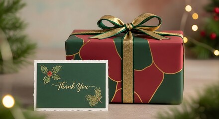 Elegant Christmas gift box with ribbon, thank you card, garland and winter decor in the background, perfect for advertising, branding and seasonal marketing projects.