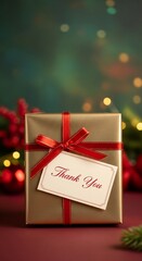Elegant Christmas gift box with ribbon, thank you card, garland and winter decor in the background, perfect for advertising, branding and seasonal marketing projects.