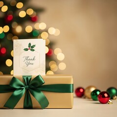Elegant Christmas gift box with ribbon, thank you card, garland and winter decor in the background, perfect for advertising, branding and seasonal marketing projects.