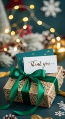 Elegant Christmas gift box with ribbon, thank you card, garland and winter decor in the background, perfect for advertising, branding and seasonal marketing projects.