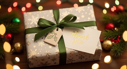 Elegant Christmas gift box with ribbon, thank you card, garland and winter decor in the background, perfect for advertising, branding and seasonal marketing projects.