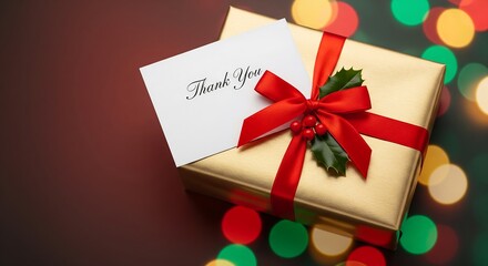 Elegant Christmas gift box with ribbon, thank you card, garland and winter decor in the background, perfect for advertising, branding and seasonal marketing projects.