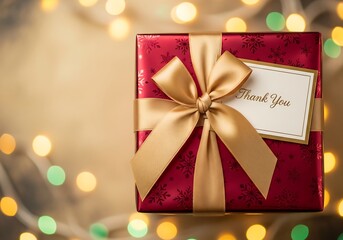 Elegant Christmas gift box with ribbon, thank you card, garland and winter decor in the background, perfect for advertising, branding and seasonal marketing projects.