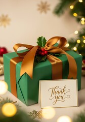 Elegant Christmas gift box with ribbon, thank you card, garland and winter decor in the background, perfect for advertising, branding and seasonal marketing projects.