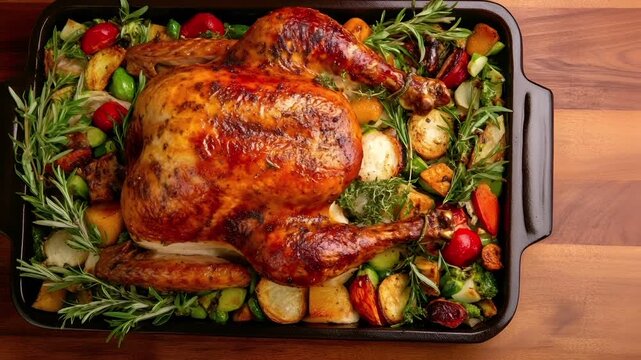 Thanksgiving holiday promotion theme. Aerial view of a roasted turkey surrounded by vegetables and herbs in a rectangular baking dish on a wooden surface.
