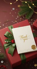 Elegant Christmas gift box with ribbon, thank you card, garland and winter decor in the background, perfect for advertising, branding and seasonal marketing projects.