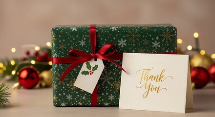 Elegant Christmas gift box with ribbon, thank you card, garland and winter decor in the background, perfect for advertising, branding and seasonal marketing projects.