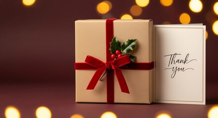 Elegant Christmas gift box with ribbon, thank you card, garland and winter decor in the background, perfect for advertising, branding and seasonal marketing projects.
