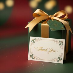 Elegant Christmas gift box with ribbon, thank you card, garland and winter decor in the background, perfect for advertising, branding and seasonal marketing projects.