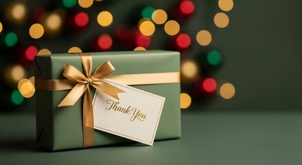 Elegant Christmas gift box with ribbon, thank you card, garland and winter decor in the background, perfect for advertising, branding and seasonal marketing projects.