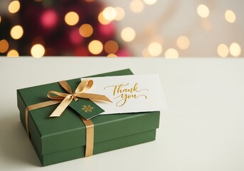 Elegant Christmas gift box with ribbon, thank you card, garland and winter decor in the background, perfect for advertising, branding and seasonal marketing projects.