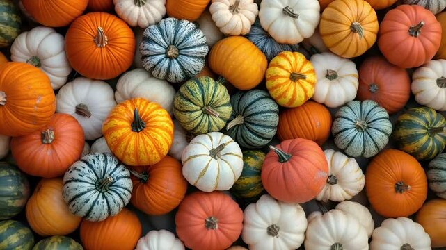 A closeup view of a vibrant assortment of pumpkins and gourds. The pumpkins are of varying sizes and colors, with the majority being orange and the others white. They are arranged in a grid pattern.