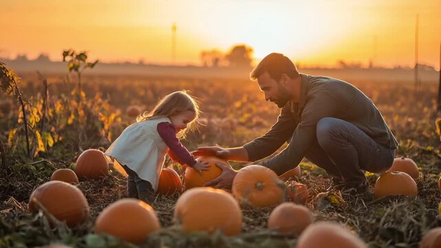 A man and a young girl in a pumpkin patch during sunset, with the sun casting a warm, golden hue over the scene. The man and the girl are interacting with pumpkins.