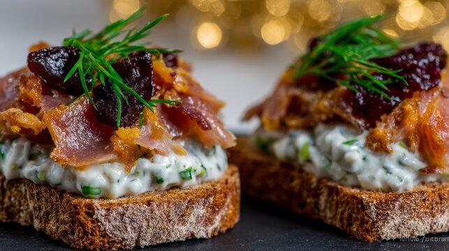 Delectable rye canapes shimmer with marinated herring and dill, perfect for Scandinavian Midsummer and Baltic Sea enchantment celebrations