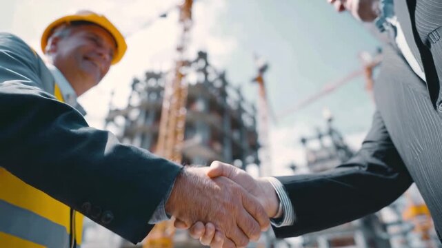 Construction Deal: Two professionals seal a deal with a firm handshake, symbolizing partnership and agreement against the backdrop of an active construction site.