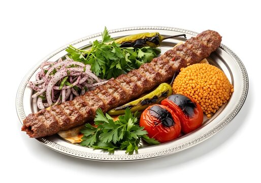 kebab Adana kebab with bulgur pilav Turkish food urfa kebap, isolated on white background