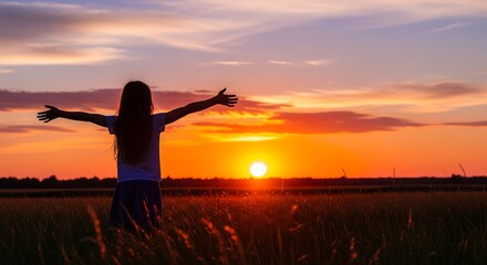A young woman stands in a field at sunset with arms outstretched, embodying freedom and joy. This inspiring shot is perfect for wellness ads, travel blogs, or motivation projects.