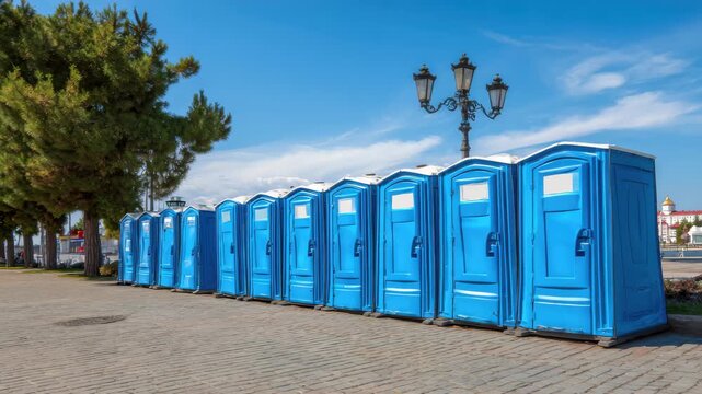 Blue portable restrooms lined up on a walkway near a lamp post on a sunny day in an outdoor public area