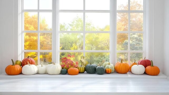 A still life photograph featuring a window with autumnal foliage and a collection of pumpkins and gourds on a windowsill. The pumpkins are of various sizes and colors, including white, orange.