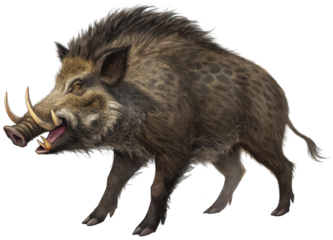 Highly detailed, realistic 3D rendered wild boar with coarse, bristly dark brown fur and prominent curved tusks, depicted in a dynamic charging pose with an open, isolated on transparent background.