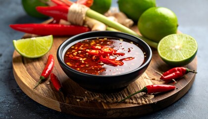 Spicy Asian dipping sauce, vibrant ingredients