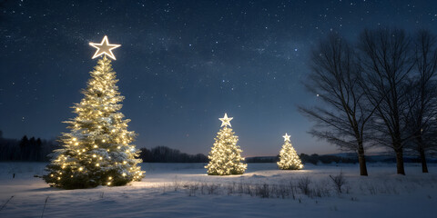 Christmas Trees Star Sky. Three Christmas trees standing in snow field decorated with white stars, night sky with many small stars and one large bright star.
