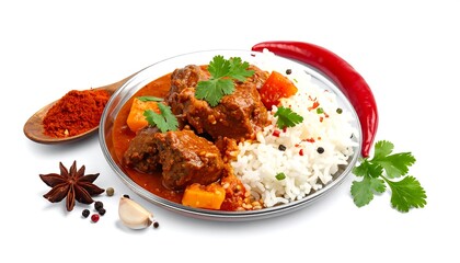 Spicy beef curry with rice and herbs
