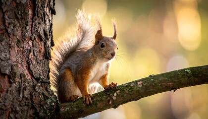 Fototapeta premium Squirrel perched on branch in sunlight