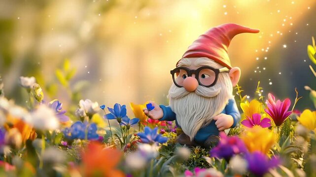 3D animated garden scene with garden gnome and flowers3D garden gnomes and flowers wallpaper.