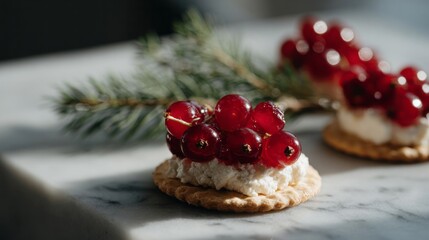 Indulgent cranberry-topped cracker canapes echoing Yuletide whispers and Winter Solstice gatherings, invoking artisanal celebration and festive gastronomy