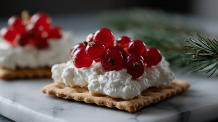 Crimson currants crown creamy dollops on rustic wafers, evoking Nordic Yule celebrations, a whisper of hygge, winter solstice feasting