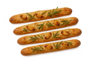 Four golden brown breadsticks baked with roasted garlic cloves and fresh rosemary sprigs, perfect for food themes