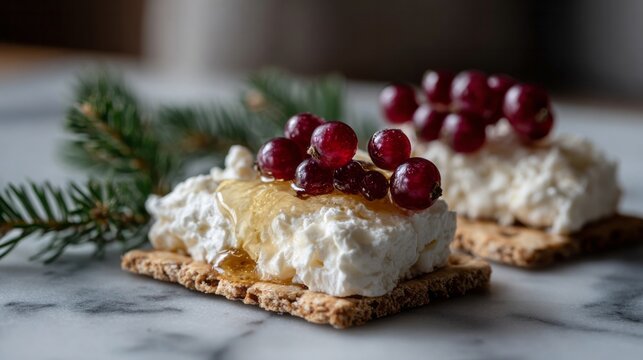 Festive Norwegian krumkake topped with honey-drizzled cream and red currants, perfect for Yule celebrations, hygge winter moments