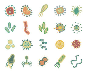 Microorganism set in scandinavian style featuring virus, bacteria, amoeba, phage spores, cells, colonies, chains, flagellum, capsules, clusters for your illustration and designs projects