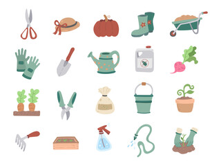 Garden set in scandinavian style, tools and planting equipment for cultivating vegetables and maintaining activities with various helpful items designed for everyday work and for your projects