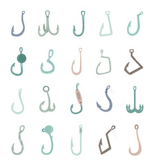 Fishing hook set in scandinavian style presents varied angling tackle shapes designed for outdoor use projects illustration needs marketing, branding, advertising, publishing