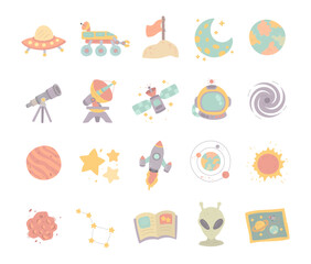 Astronomy set in scandinavian style exploring diverse celestial objects for scientific observation across cosmic phenomena within imaginative educational research discovery creative designs projects