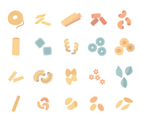 Pasta food set in scandinavian style featuring spaghetti penne lasagne rigatoni gobbetti cannelloni ravioli cavatappi rotelle anelli fusilli farfalle conchiglie orzo