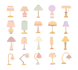 Lamp set in scandinavian style with various interior table and desk lighting forms for cozy interior decoration projects and warm home illustration design needs purposes