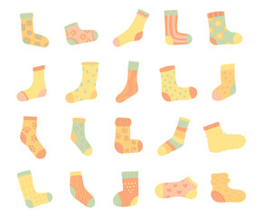 Sock set in scandinavian style featuring cozy clothing ornaments designed for nursery kids apparel decor illustration projects and handmade textile concepts