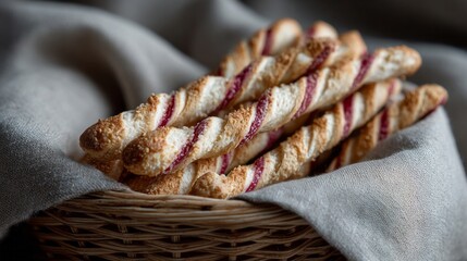 Crisp berry-twisted breadsticks nestle in rustic wicker warmth, perfect for Candlemas joy and whimsical picnic dreams