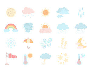 Weather forecast set in scandinavian style featuring sun, moon, cloud, rain, snow, wind, storm, temperature elements, umbrella rainbow for meteorology projects