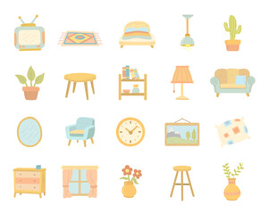 Home interior furniture objects set in scandinavian style showing living room bedroom items including television, sofa, bed, lamp, rug, plant