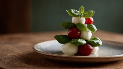 Aromatic Caprese salad stack, festive edible carousel; rich Mediterranean flavors, International Day of Italian Cuisine celebration feast 