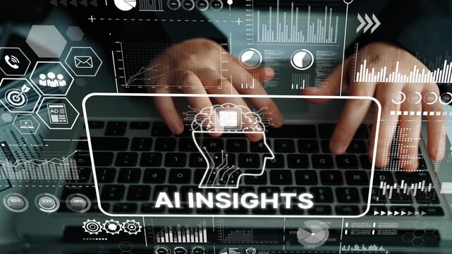 Person Using Laptop with AI Insights Graphic and Futuristic Data Interface Visual Elements. Asymptotic smart data analytic.