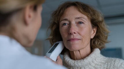 A thoughtful Caucasian woman undergoes a futuristic skin assessment, embracing wellness innovation, bridging World Health Day and Biodiversity Month